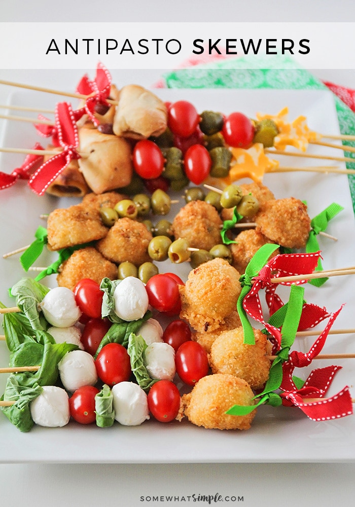 These festive and delicious antipasto skewers are so quick and easy to make, and sure to be the star of your next celebration! #skewers #kabobs #antipasto #appetizer #christmas #holiday via @somewhatsimple