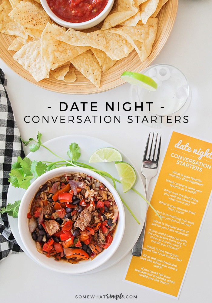 Enjoy a delicious dinner with some good conversation starters, and relax together at home with a simple date night in! #datenight #conversationstarters #goodconversationstarters #datenightathome #funconversationstarters via @somewhatsimple