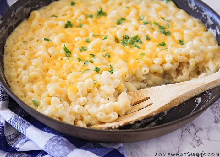 a skillet full of homemade mac & cheese