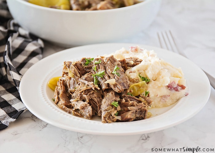 pepperoncini roast on a plate with mashed potatoes