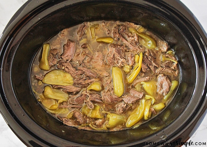 a pepperoncini pot roast in a crock pot