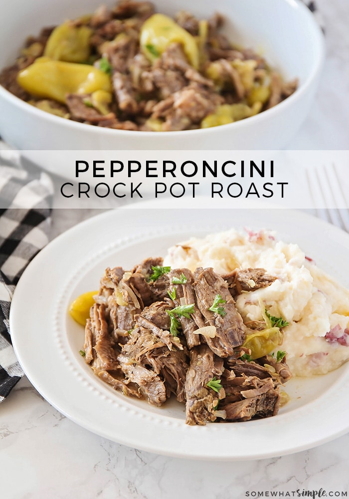 Tender beef drenched in a delicious blend of zesty flavors, this slow cooker pepperoncini pot roast recipe has become one of my family's very favorite Sunday dinners! #mississippipotroast #pepperoncinipotroastcrockpotrecipe #pepperoncinipotroast #crockpotpepperonciniroast via @somewhatsimple