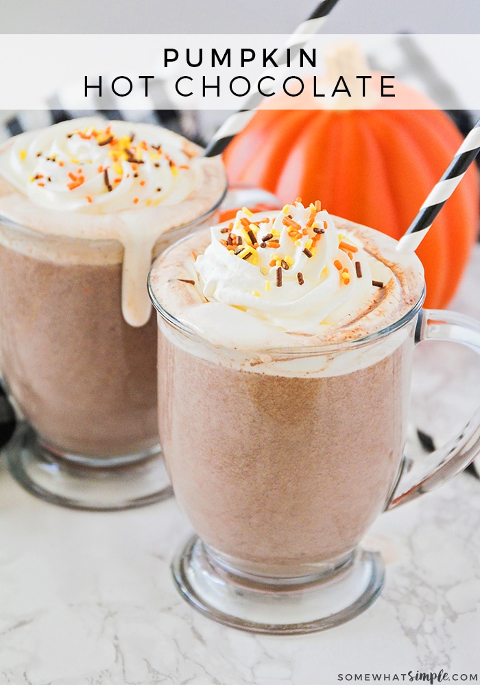 This rich and flavorful pumpkin spice hot chocolate is the perfect cozy treat to enjoy this fall! It's made totally from scratch and tastes amazing! There's nothing better in the fall than the delicious combination of chocolate and pumpkin flavors. via @somewhatsimple