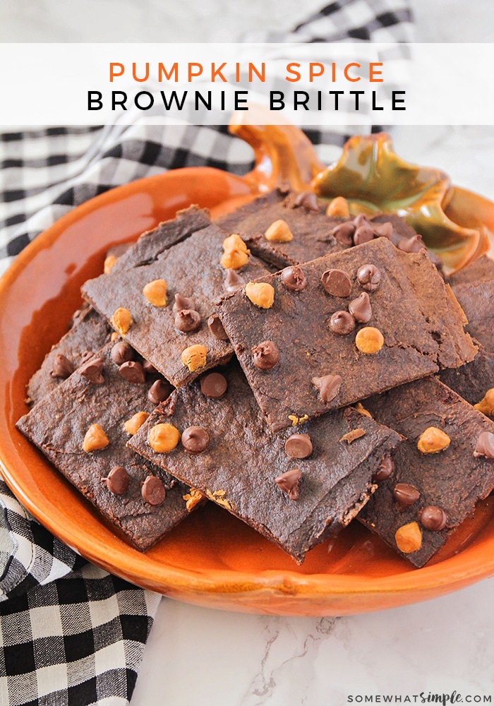 Pumpkin brownie brittle is an easy fall dessert recipe that will satisfy your sweet tooth. The rich chocolate flavor with a crisp cookie crunch is simply irresistible. #pumpkinbrittle #pumpkindessertidea #pumpkinbrittlerecipe #homemadebrowniebrittle #pumpkinspicebrowniebrittle via @somewhatsimple