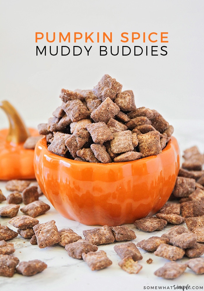 These delicious pumpkin muddy buddies are made with cookie butter, chocolate, and a little pumpkin spice. This is a perfect fall treat for those who want to enjoy a delicious muddy buddy treat without peanut butter.  Watch out, your life is about to get a whole lot sweeter!#pumpkinMuddyBuddiesRecipe #chocolatepumpkinChexMixrecipe #pumpkinmuddybuddypuppychow #howtomakepumpkinmuddybuddies #chexmixpumpkinpuppychow #muddybuddieswithoutpeanutbutter via @somewhatsimple