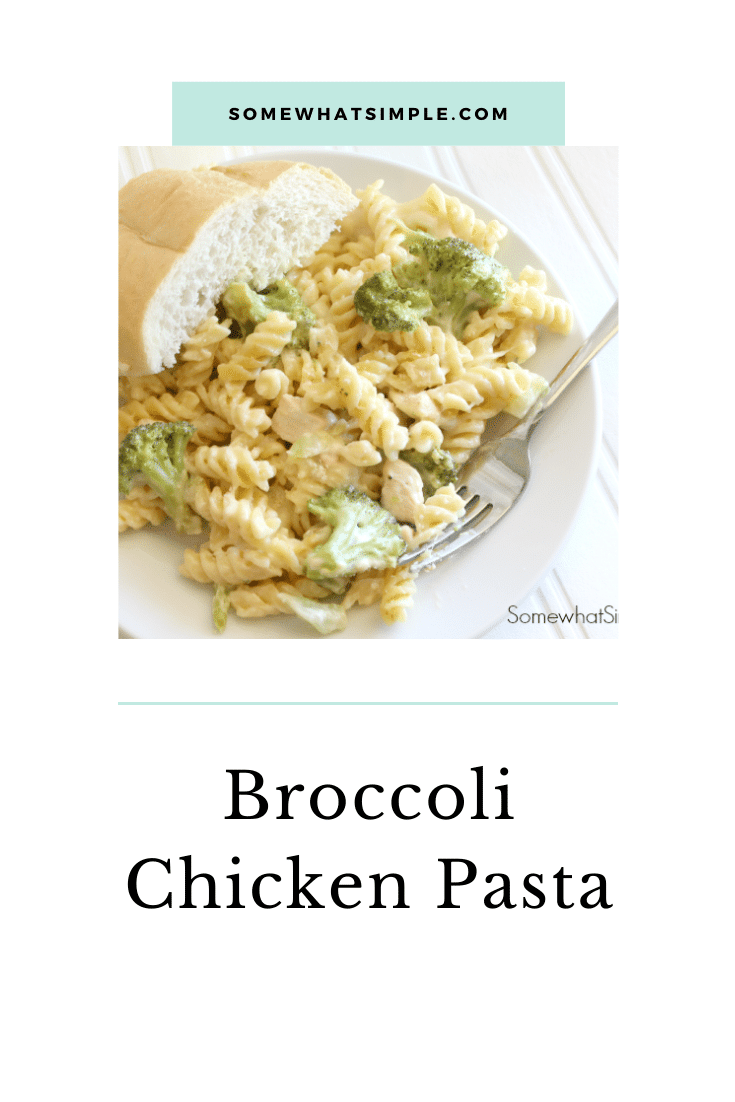 This cheesy chicken broccoli pasta casserole is the perfect recipe for a chaotic night.  Made with pasta, tender chicken, broccoli and loads of delicious cheese, this casserole will quickly become one of your family's favorite dinners! #broccolichickenpasta #broccolichickenpastabake #broccolichickenpastacasserole #broccolichickenpastarecipe #chickenbroccolicasserole via @somewhatsimple
