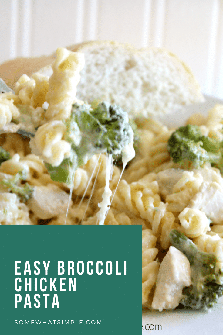 This cheesy chicken broccoli pasta casserole is the perfect recipe for a chaotic night.  Made with pasta, tender chicken, broccoli and loads of delicious cheese, this casserole will quickly become one of your family's favorite dinners! #broccolichickenpasta #broccolichickenpastabake #broccolichickenpastacasserole #broccolichickenpastarecipe #chickenbroccolicasserole via @somewhatsimple