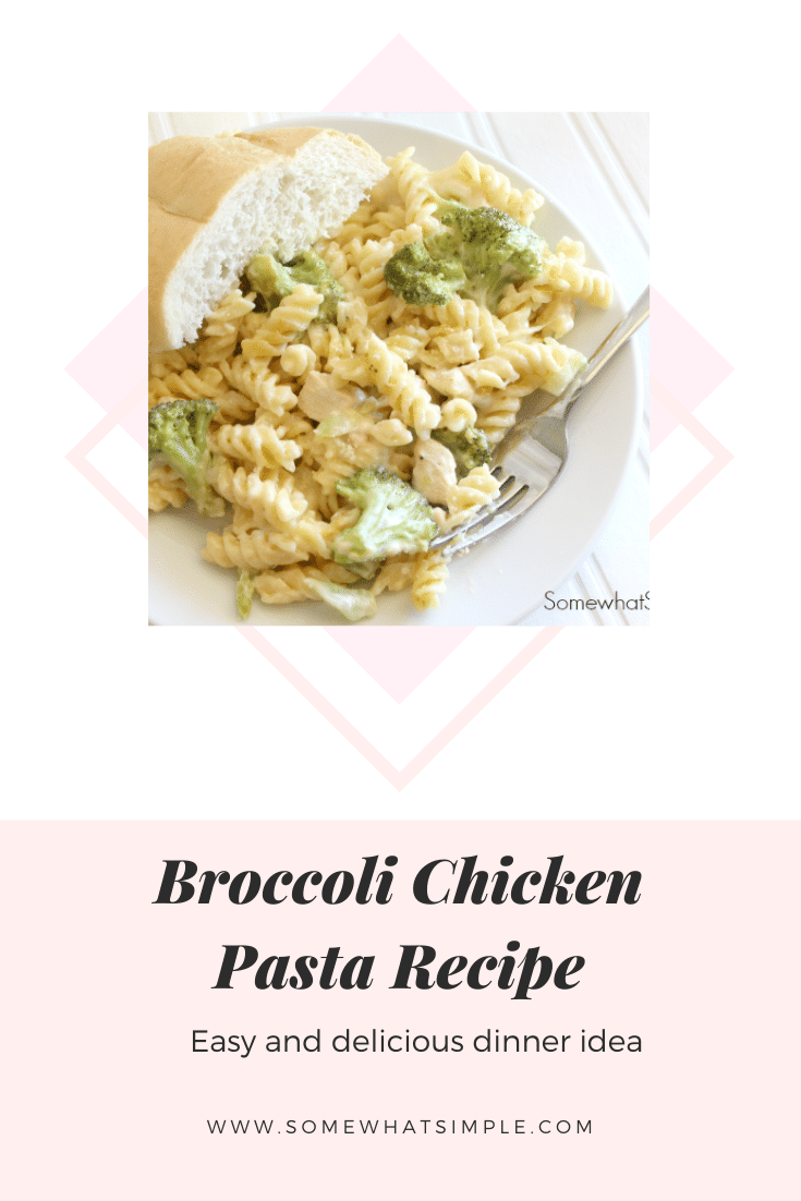 This cheesy chicken broccoli pasta casserole is the perfect recipe for a chaotic night.  Made with pasta, tender chicken, broccoli and loads of delicious cheese, this casserole will quickly become one of your family's favorite dinners! #broccolichickenpasta #broccolichickenpastabake #broccolichickenpastacasserole #broccolichickenpastarecipe #chickenbroccolicasserole via @somewhatsimple