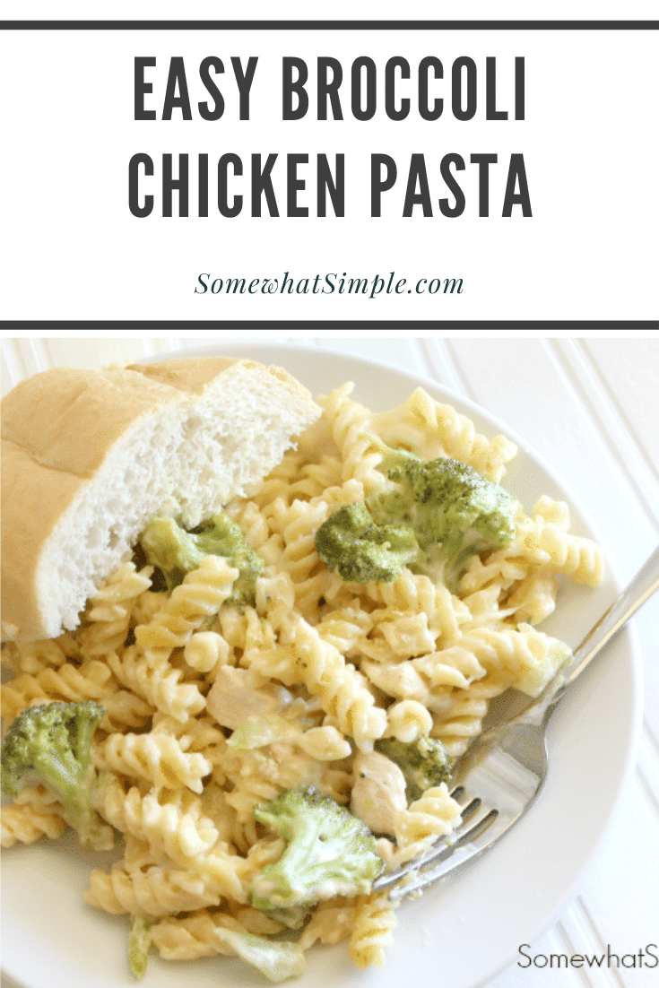 This cheesy chicken broccoli pasta casserole is the perfect recipe for a chaotic night.  Made with pasta, tender chicken, broccoli and loads of delicious cheese, this casserole will quickly become one of your family's favorite dinners! #broccolichickenpasta #broccolichickenpastabake #broccolichickenpastacasserole #broccolichickenpastarecipe #chickenbroccolicasserole via @somewhatsimple