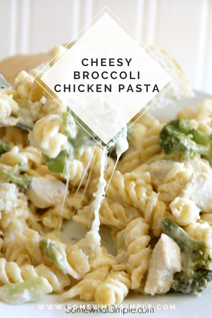 This cheesy chicken broccoli pasta casserole is the perfect recipe for a chaotic night.  Made with pasta, tender chicken, broccoli and loads of delicious cheese, this casserole will quickly become one of your family's favorite dinners! #broccolichickenpasta #broccolichickenpastabake #broccolichickenpastacasserole #broccolichickenpastarecipe #chickenbroccolicasserole via @somewhatsimple