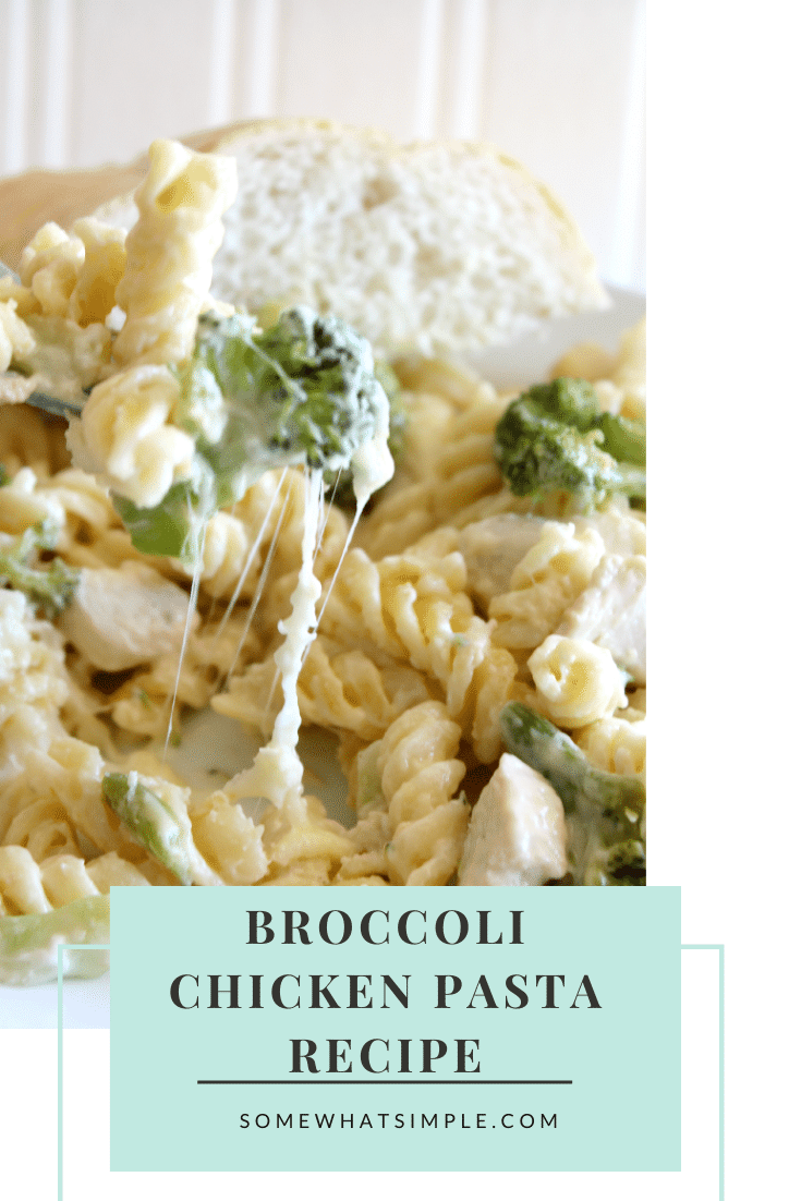 This cheesy chicken broccoli pasta casserole is the perfect recipe for a chaotic night.  Made with pasta, tender chicken, broccoli and loads of delicious cheese, this casserole will quickly become one of your family's favorite dinners! #broccolichickenpasta #broccolichickenpastabake #broccolichickenpastacasserole #broccolichickenpastarecipe #chickenbroccolicasserole via @somewhatsimple