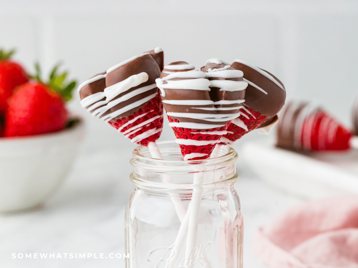 chocolate strawberry heart pops in a glass jar