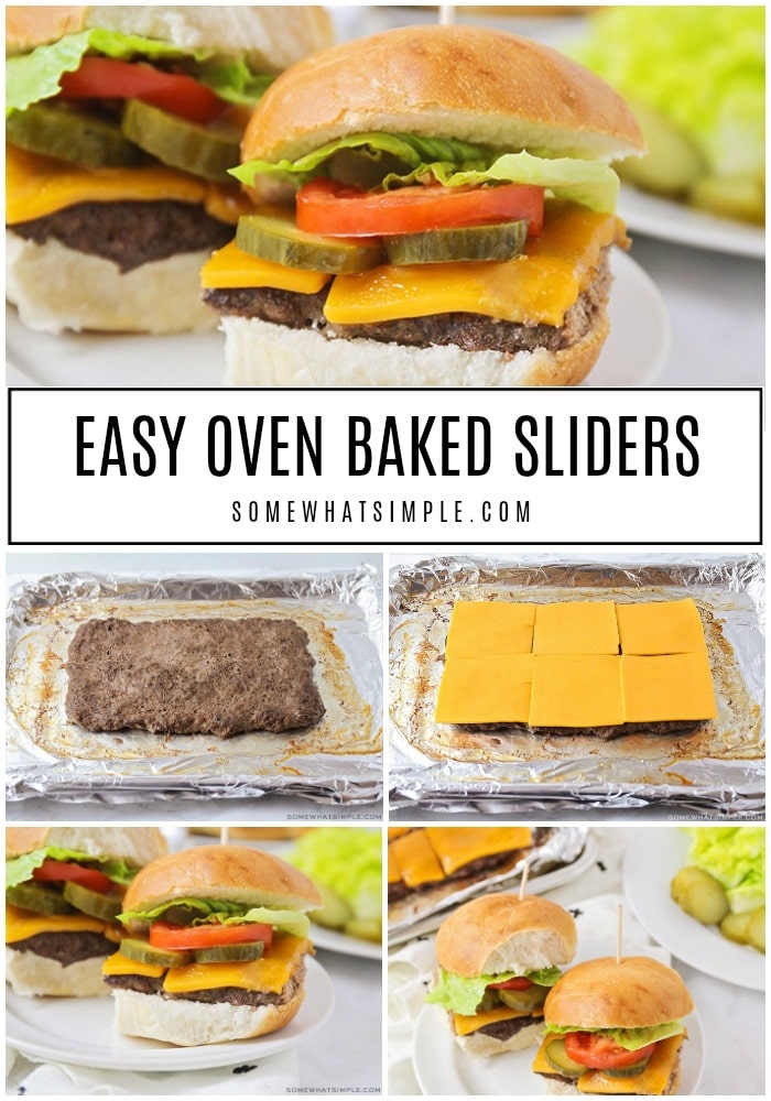 These oven baked sliders are a simple twist on a classic recipe.  Making sliders in the oven is a great way to enjoy a delicious hamburger all year round.  #easyrecipe #dinner #bbq #ovenbakedsliders #slidersintheoven via @somewhatsimple