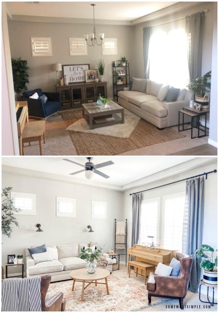 a before & after picture of a living room redesign