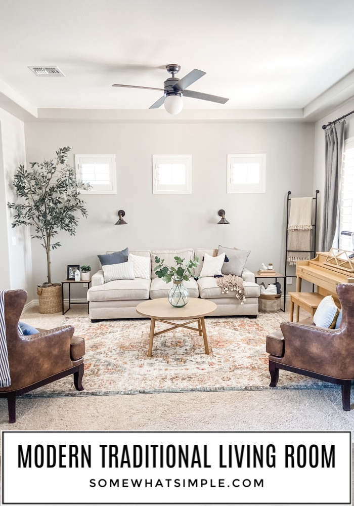 The BIG REVEAL of our Modern Traditional Living Room that went from heavy and over-crowded to bright and fresh! #livingroom #decor #update #reveal #refresh via @somewhatsimple