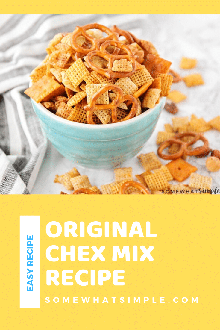 This homemade original Chex mix recipe is a classic snack that's quick and easy to make! It's both addicting and delicious... don't say I didn't warn you! via @somewhatsimple