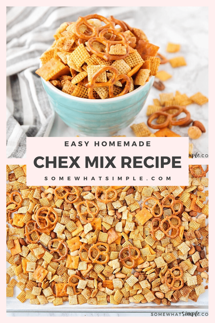 This classic homemade chex mix recipe is so quick and easy to make, and so addictingly delicious that you won't be able to stop snacking on it!  #chexmixrecipe #chexmix #chex #snack #easyrecipe #originalchexmix via @somewhatsimple