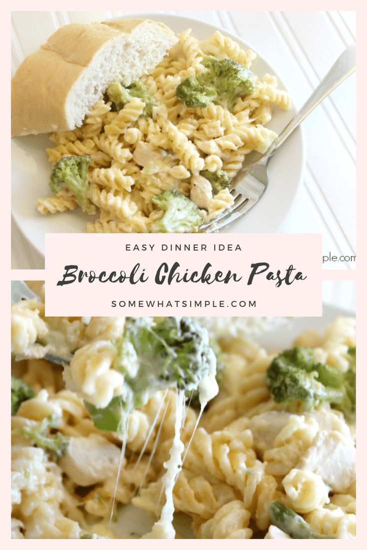 This cheesy chicken broccoli pasta casserole is the perfect recipe for a chaotic night.  Made with pasta, tender chicken, broccoli and loads of delicious cheese, this casserole will quickly become one of your family's favorite dinners! #broccolichickenpasta #broccolichickenpastabake #broccolichickenpastacasserole #broccolichickenpastarecipe #chickenbroccolicasserole via @somewhatsimple