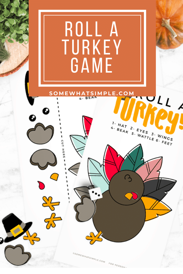 This Roll a Turkey Game is so easy to prepare and play. Play it casually, or raise the stakes to make it a fun family game for all ages! This printable game is perfect for players of all ages! #rollaturkey #rollaturkeygame #rollaturkeydicegame #rollaturkeydicegameprintable via @somewhatsimple