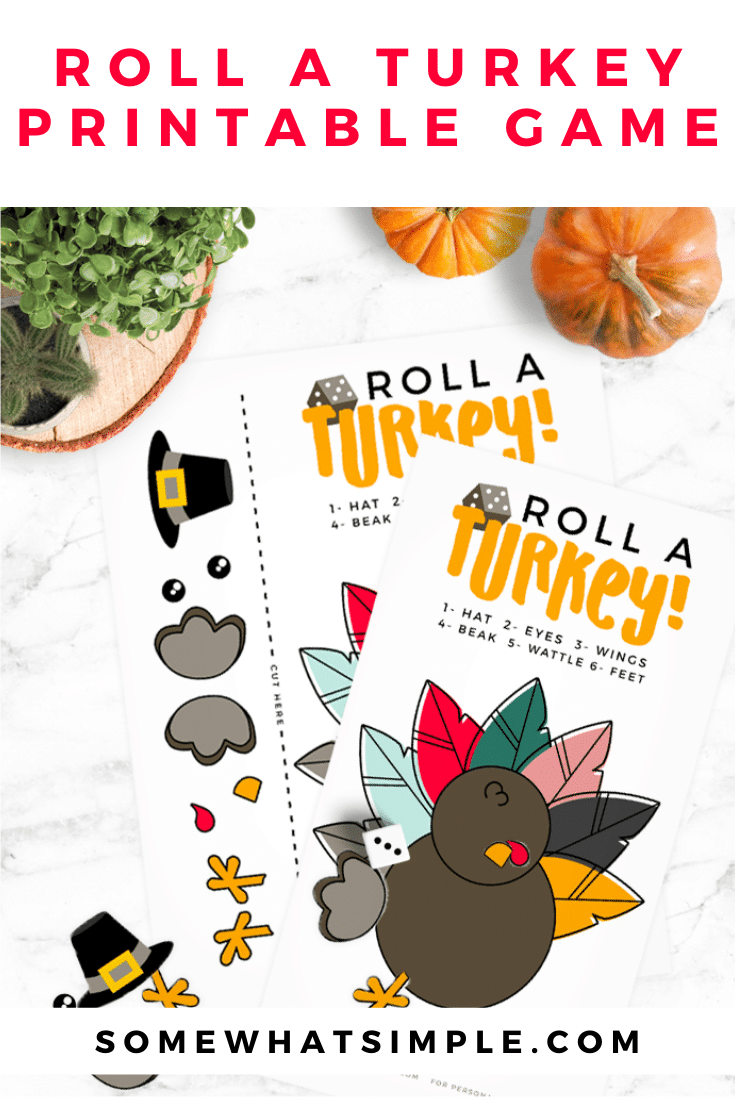 This Roll a Turkey Game is so easy to prepare and play. Play it casually, or raise the stakes to make it a fun family game for all ages! This printable game is perfect for players of all ages! #rollaturkey #rollaturkeygame #rollaturkeydicegame #rollaturkeydicegameprintable via @somewhatsimple