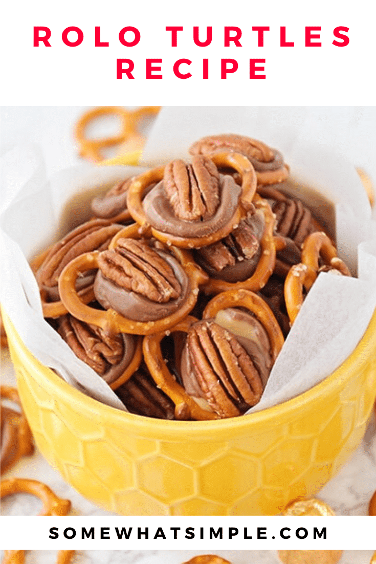 Rolo pretzel turtles are a the perfect salty, sweet and nutty combo.  Made with pretzels, Rolo candy and delicious pecans, there is nothing better than these delicious treats! These delicious treats are easy to make and perfect for when you're hosting a party! They're one of my favorites to make during the holiday season. via @somewhatsimple