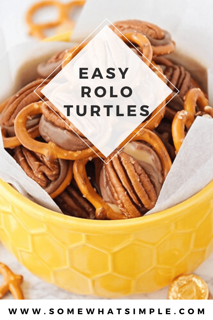 Rolo pretzel turtles are a the perfect salty, sweet and nutty combo.  Made with pretzels, Rolo candy and delicious pecans, there is nothing better than these delicious treats! These delicious treats are easy to make and perfect for when you're hosting a party! They're one of my favorites to make during the holiday season. via @somewhatsimple