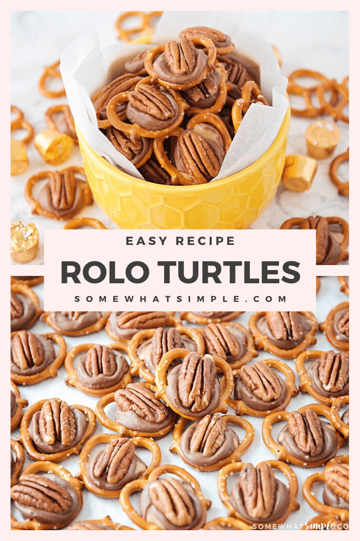 Rolo pretzel turtles are a the perfect salty, sweet and nutty combo.  Made with pretzels, Rolo candy and delicious pecans, there is nothing better than these delicious treats! These delicious treats are easy to make and perfect for when you're hosting a party! They're one of my favorites to make during the holiday season. via @somewhatsimple