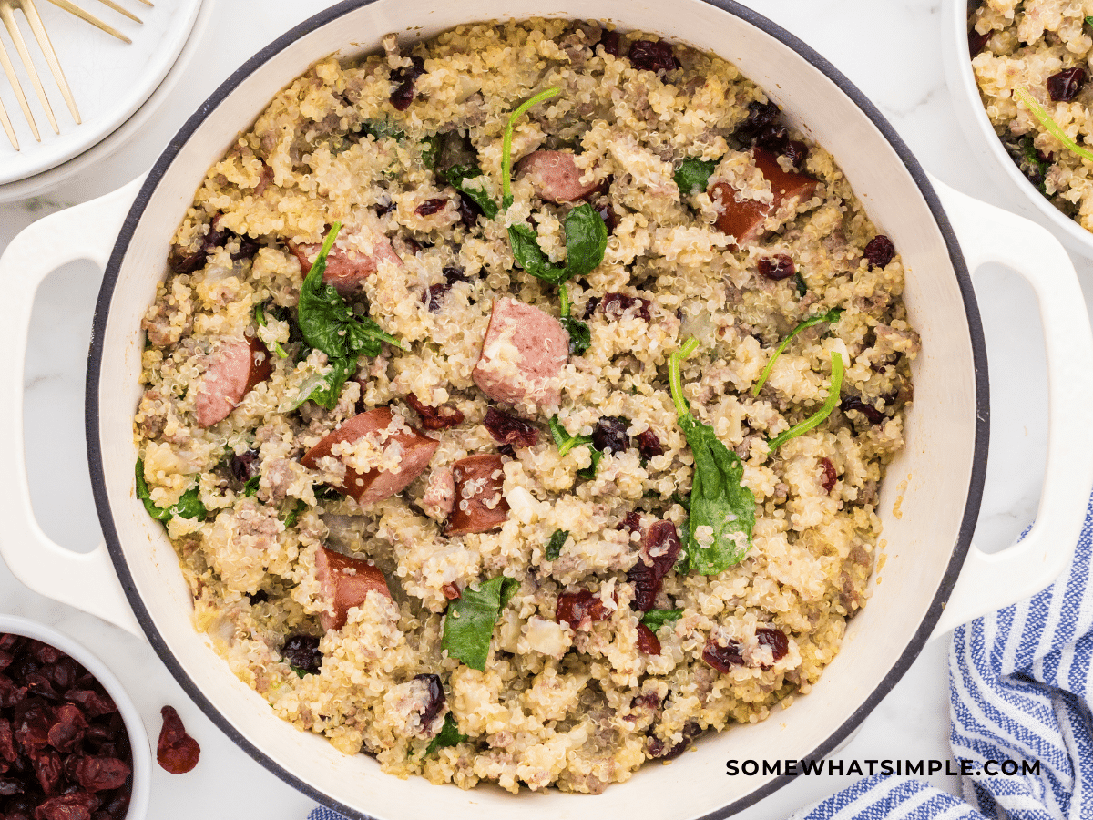 finished product of Sausage and Kale Quinoa in a white dish