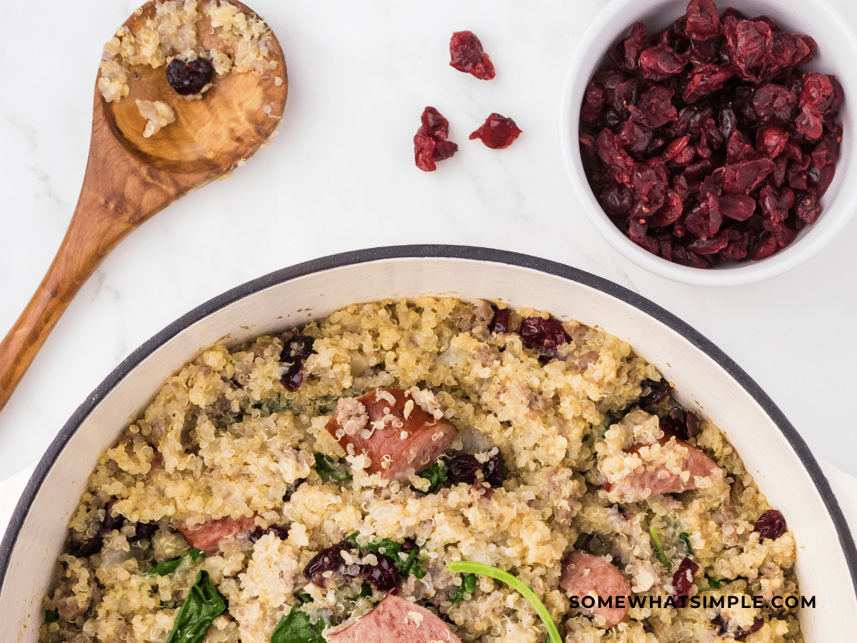 finished product of Sausage and Kale Quinoa in a white dish