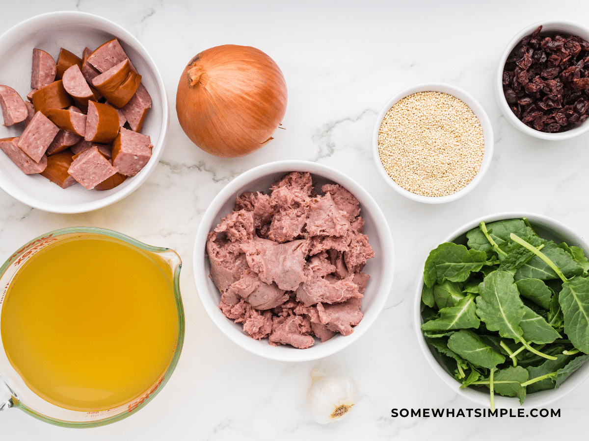 ingredients shot of Sausage and Kale Quinoa