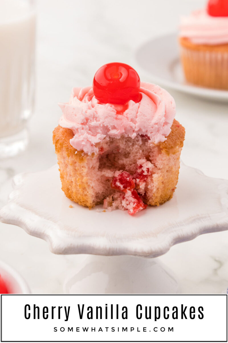 Long image of a cherry vanilla cupcake on a plate stand