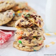 M&M Cookies that are stacked on top of each other
