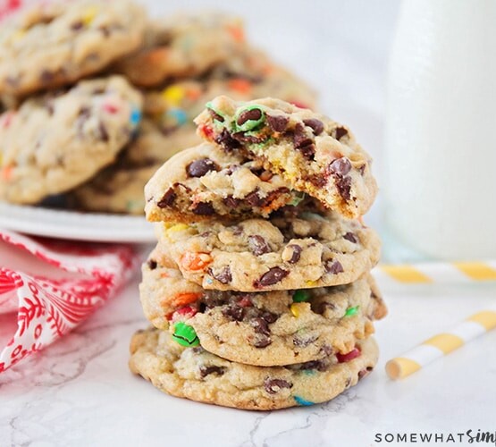 M&M Cookies that are stacked on top of each other