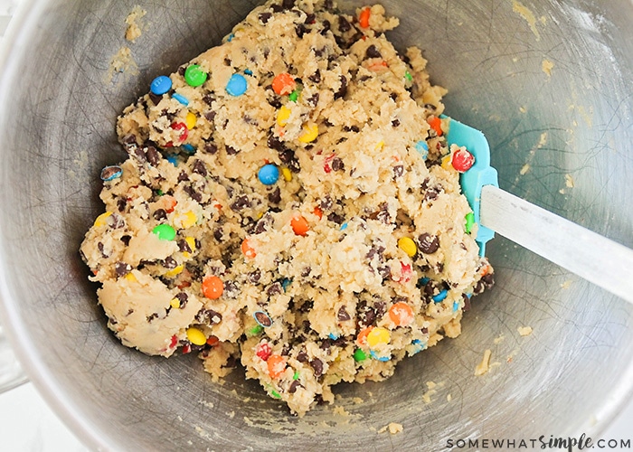 cookie dough with m&ms and chocolate chips