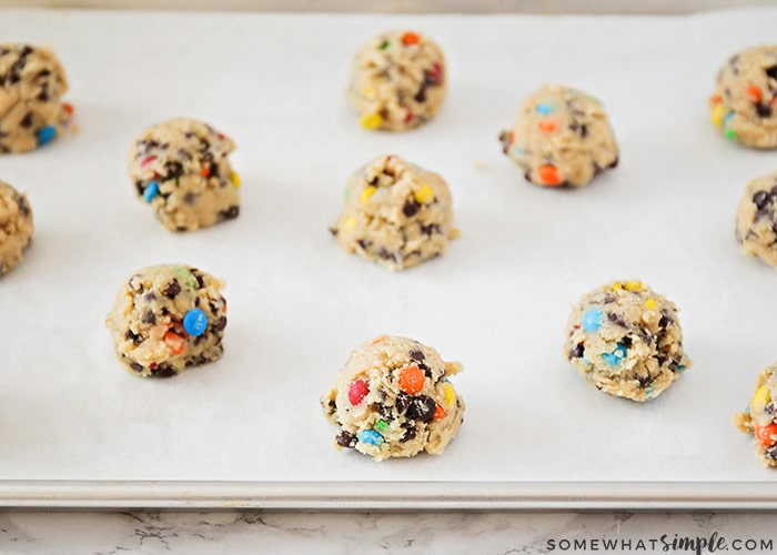 dough balls of Chocolate Chip Pudding Cookies with M&Ms