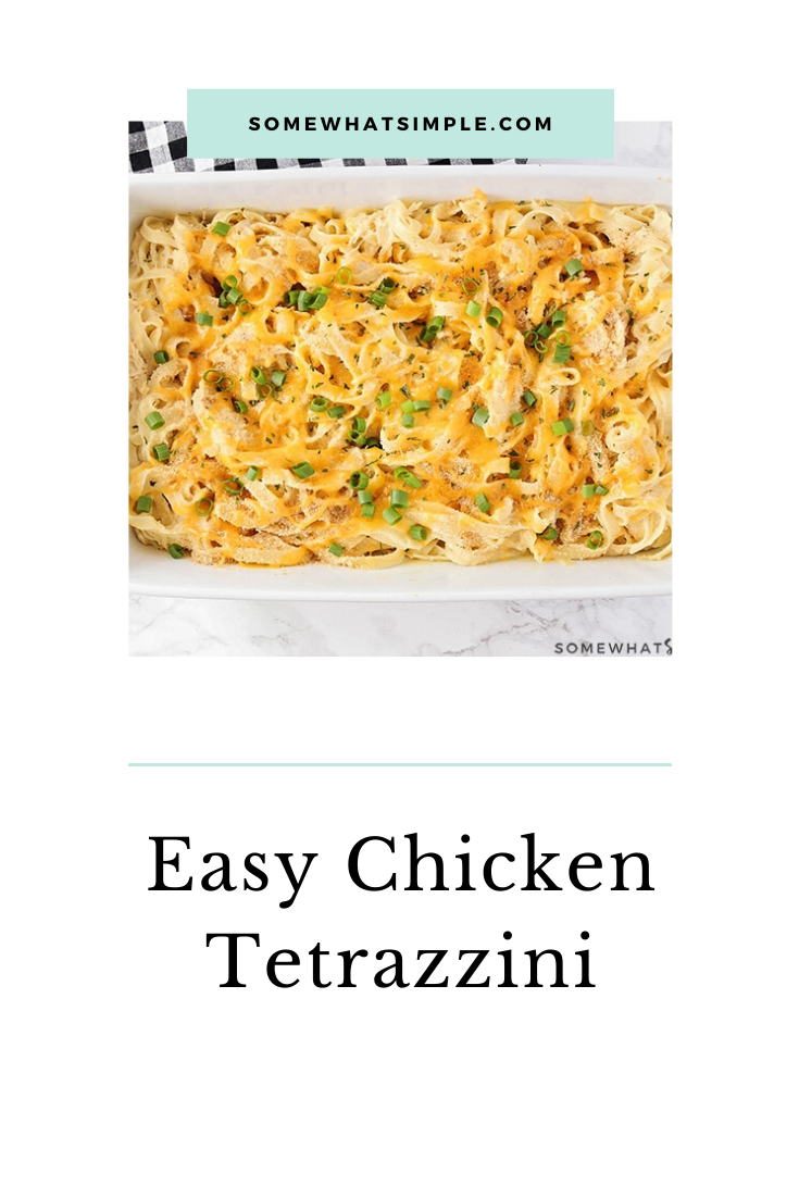 This chicken tetrazzini recipe is an easy family dinner that tastes delicious!  This simple fettuccine casserole recipe is easy to make and perfect for those nights when you need an easy dinner idea. #chickentetrazzini #chickentetrazzinirecipe #easychickentetrazzini #chickenfettucine #chickenfettucinecasserole #howtomakechickentetrazzini #freezermeal via @somewhatsimple