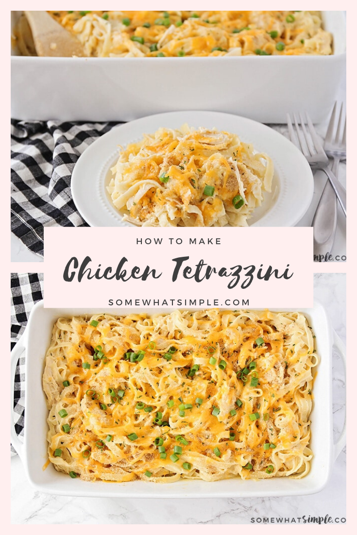 This chicken tetrazzini recipe is an easy family dinner that tastes delicious!  This simple fettuccine casserole recipe is easy to make and perfect for those nights when you need an easy dinner idea. #chickentetrazzini #chickentetrazzinirecipe #easychickentetrazzini #chickenfettucine #chickenfettucinecasserole #howtomakechickentetrazzini #freezermeal via @somewhatsimple