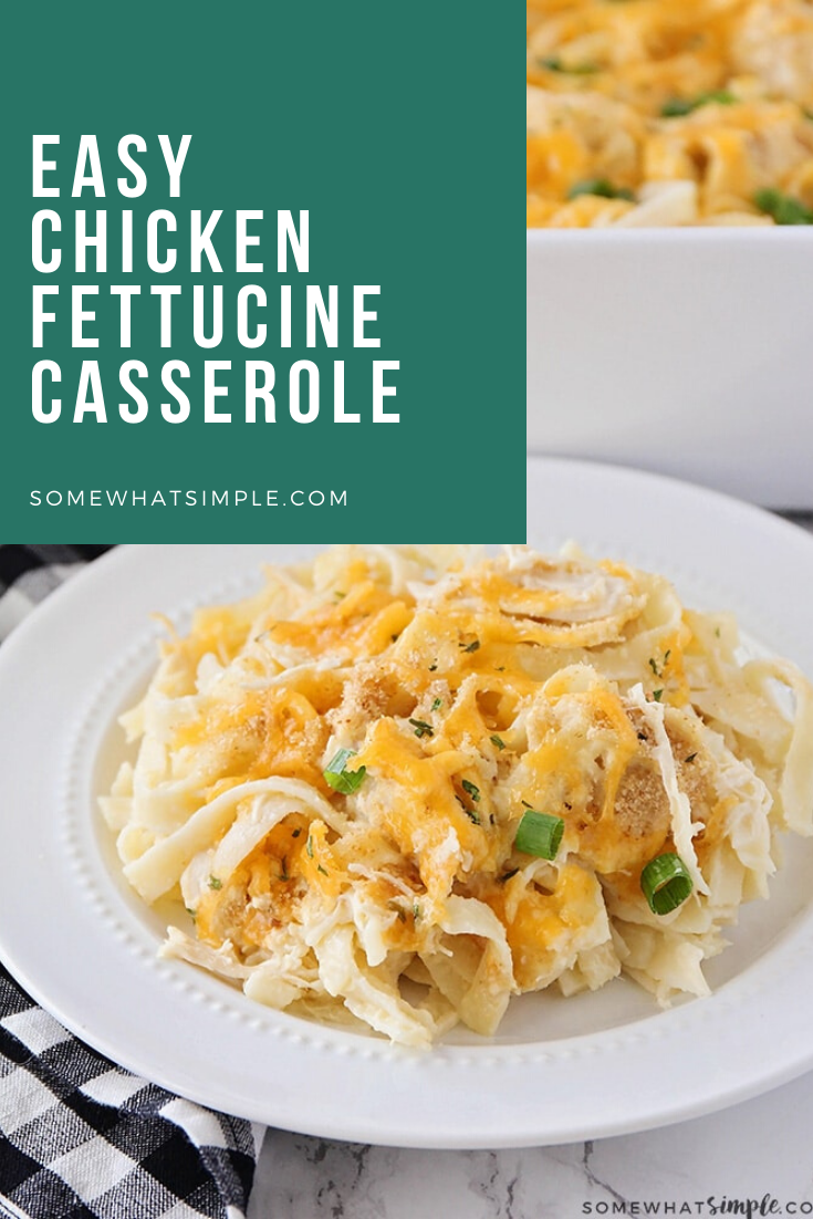 This chicken tetrazzini recipe is an easy family dinner that tastes delicious!  This simple fettuccine casserole recipe is easy to make and perfect for those nights when you need an easy dinner idea. #chickentetrazzini #chickentetrazzinirecipe #easychickentetrazzini #chickenfettucine #chickenfettucinecasserole #howtomakechickentetrazzini #freezermeal via @somewhatsimple