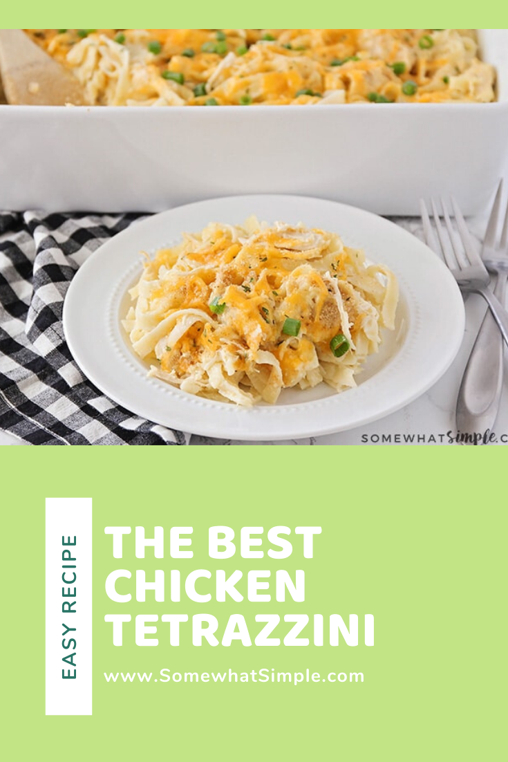 This chicken tetrazzini recipe is an easy family dinner that tastes delicious!  This simple fettuccine casserole recipe is easy to make and perfect for those nights when you need an easy dinner idea. #chickentetrazzini #chickentetrazzinirecipe #easychickentetrazzini #chickenfettucine #chickenfettucinecasserole #howtomakechickentetrazzini #freezermeal via @somewhatsimple