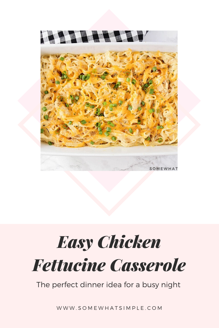 This chicken tetrazzini recipe is an easy family dinner that tastes delicious!  This simple fettuccine casserole recipe is easy to make and perfect for those nights when you need an easy dinner idea. #chickentetrazzini #chickentetrazzinirecipe #easychickentetrazzini #chickenfettucine #chickenfettucinecasserole #howtomakechickentetrazzini #freezermeal via @somewhatsimple