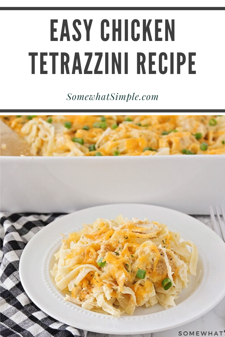 This chicken tetrazzini recipe is an easy family dinner that tastes delicious!  This simple fettuccine casserole recipe is easy to make and perfect for those nights when you need an easy dinner idea. #chickentetrazzini #chickentetrazzinirecipe #easychickentetrazzini #chickenfettucine #chickenfettucinecasserole #howtomakechickentetrazzini #freezermeal via @somewhatsimple