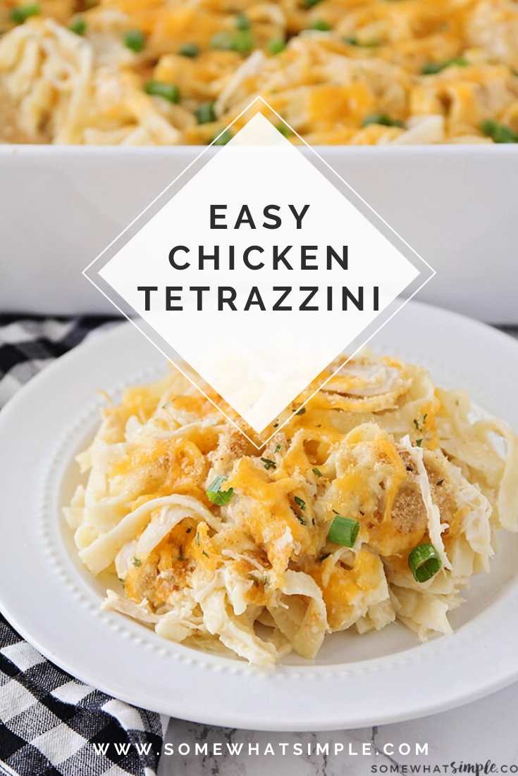 This chicken tetrazzini recipe is an easy family dinner that tastes delicious!  This simple fettuccine casserole recipe is easy to make and perfect for those nights when you need an easy dinner idea. #chickentetrazzini #chickentetrazzinirecipe #easychickentetrazzini #chickenfettucine #chickenfettucinecasserole #howtomakechickentetrazzini #freezermeal via @somewhatsimple