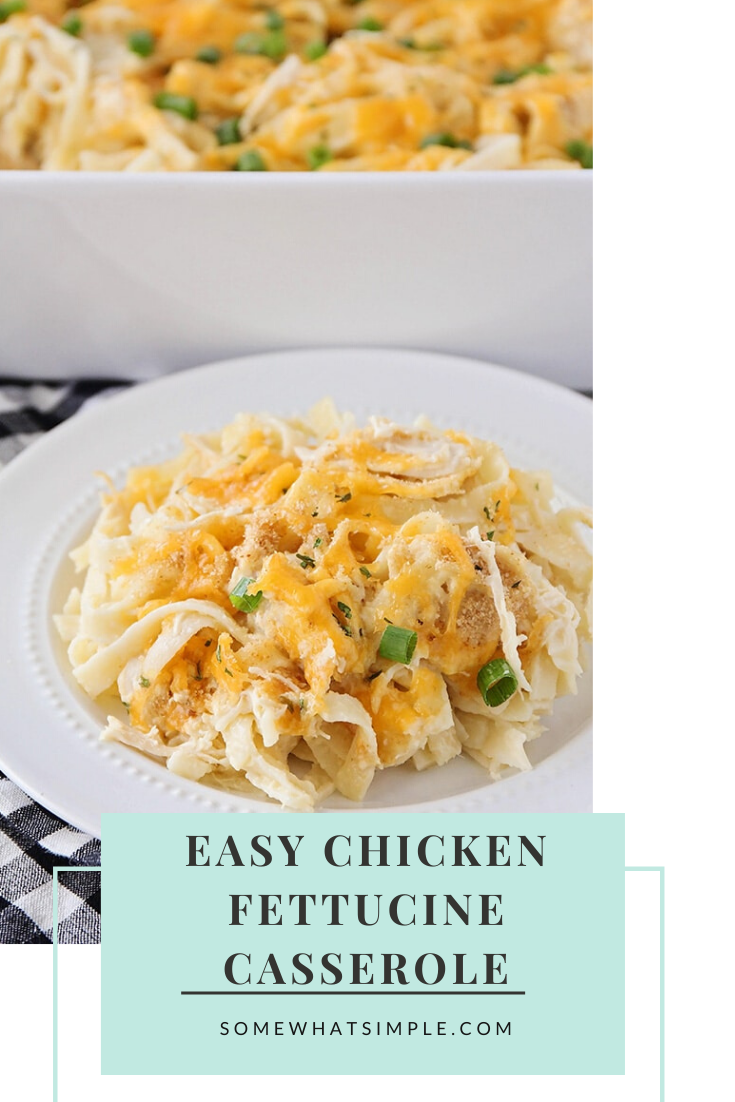 This chicken tetrazzini recipe is an easy family dinner that tastes delicious!  This simple fettuccine casserole recipe is easy to make and perfect for those nights when you need an easy dinner idea. #chickentetrazzini #chickentetrazzinirecipe #easychickentetrazzini #chickenfettucine #chickenfettucinecasserole #howtomakechickentetrazzini #freezermeal via @somewhatsimple