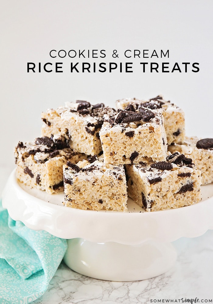 These Oreo Rice Krispie treats are a fun way to dress up a family favorite!  Made with irresistible Oreo cookies and topped with melted white chocolate chips, you won't be able to put these Rice Krispie treats down. via @somewhatsimple