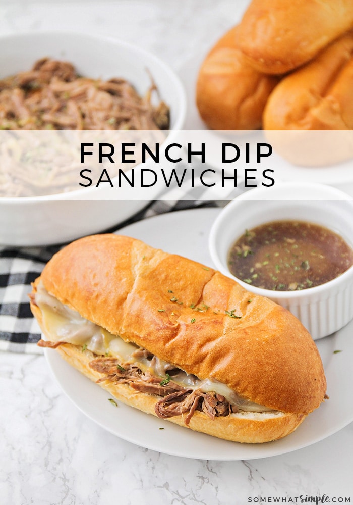 These crock pot french dip sandwiches are the perfect no-fuss meal that can be thrown together in the morning and ready for dinner in just seconds!  Made with tender beef, melted cheese and served on a toasted bun with a side of au jus, this sandwich is irresistible. #frenchdipsandwich #frenchdip #crockpotfrenchdip #howtomakeafrenchdip #frenchdiprecipe via @somewhatsimple