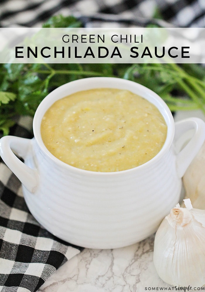 This flavorful and savory green enchilada sauce is so easy to make, and tastes so much better than store-bought sauce!  This homemade sauce is the perfect topping for many Mexican inspired recipes. #howtomakegreenenchiladasauce #greenenchiladasauce #homemadeenchiladasauce #greenenchiladasaucefromscratch #easygreenenchiladasauce via @somewhatsimple