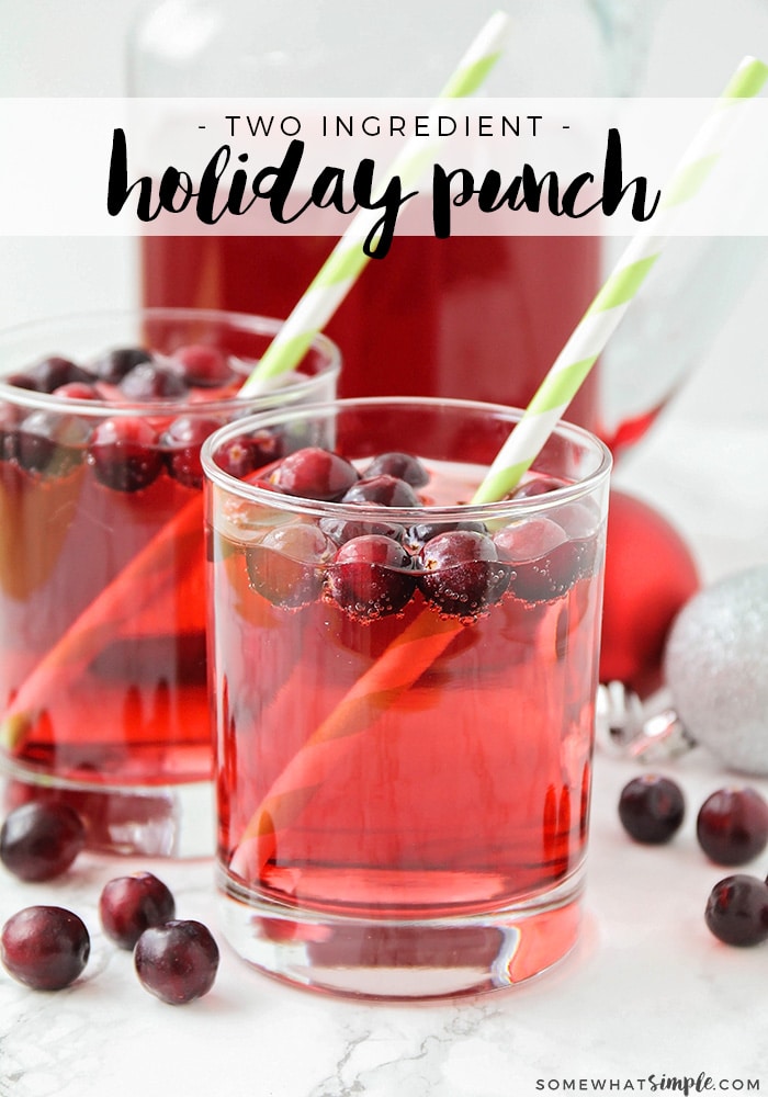 This EASY holiday punch recipe is made with only 2 ingredients.  Made with lemon lime soda and cranberry apple juice it's so easy to make and perfect for Thanksgiving or Christmas! #nonalcoholicholidaypunch #nonalcoholicchristmaspunch #nonalcoholicthanksgivingpunch #nonalcoholicholidaypunchrecipe #easynonalcoholicholidaypunch via @somewhatsimple