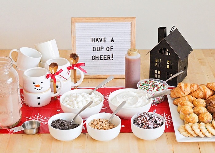 all of the supplies and ingredients for a hot chocolate bar