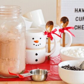 all of the supplies and ingredients for a hot chocolate bar