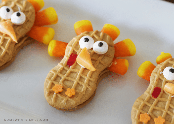 nutter butter turkey cookies on a serving tray